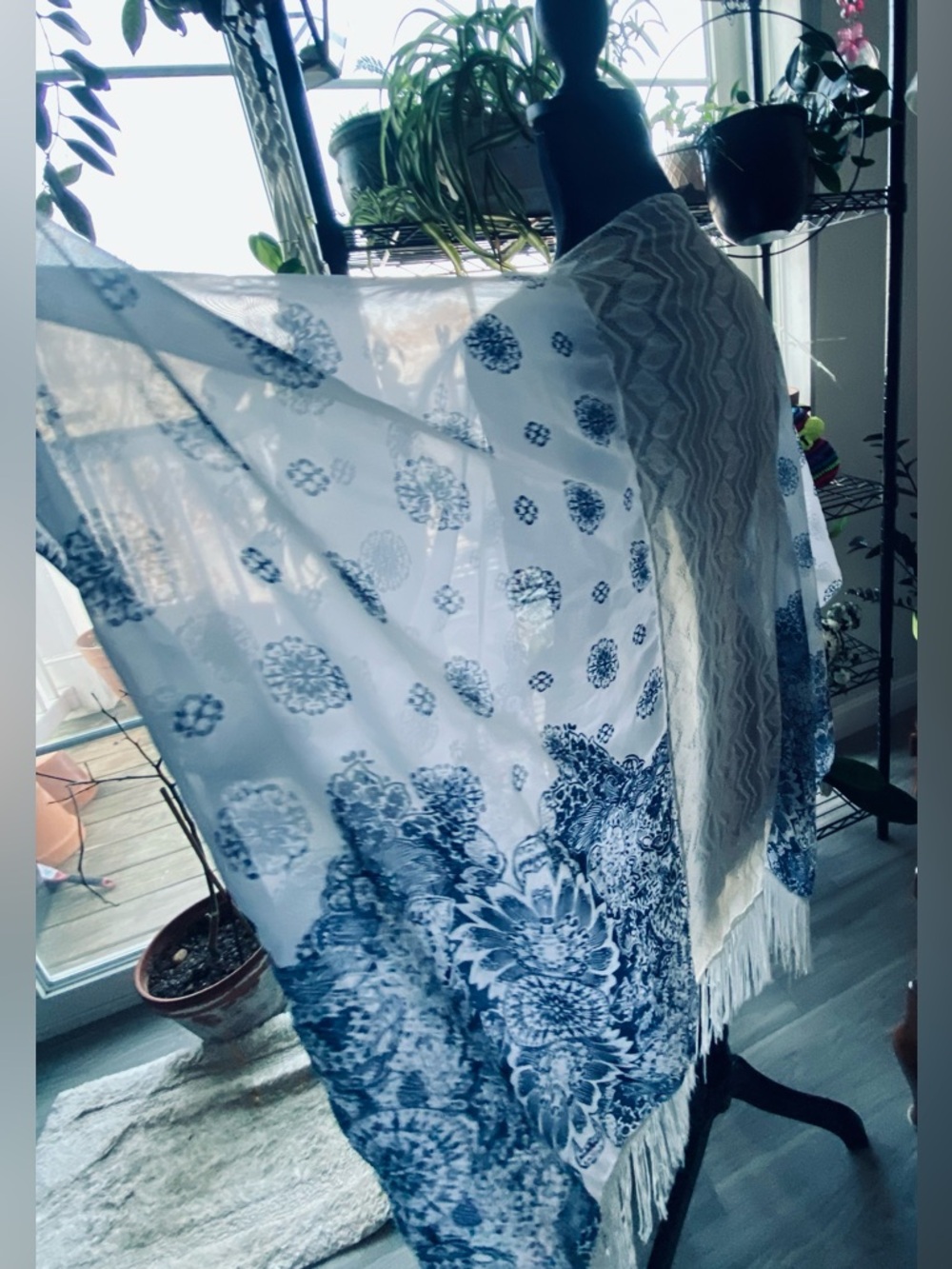 White and Navy Lace-Back Kimono Cover-Up